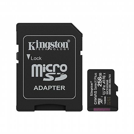 Cartão 256GB MicroSDXC com Adaptador SD - Classe 10 - Velocidade até 150MB/s - Kingston SDCS3/256GB Cartão de Memória - Cartão 256GB MicroSDXC com Adaptador SD - Classe 10 - Velocidade até 150MB/s - Kingston SDCS3/256GB