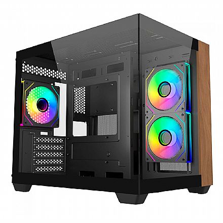 Gabinete Gamer Cooler Master Elite 481 Wood - Vidro Temperado e Madeira - 3 Fans ARGB - Mini Tower - Micro ATX / ITX - Preto - E481-KHNN-S00 Gabinete - Gabinete Gamer Cooler Master Elite 481 Wood - Vidro Temperado e Madeira - 3 Fans ARGB - Mini Tower - Micro ATX / ITX - Preto - E481-KHNN-S00