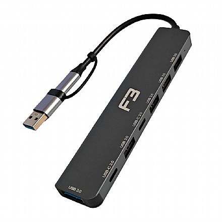 HUB USB-C / USB - 7 portas - 5 x USB 3.0 + 2 x USB-C - F3 JC-TYC-710 Cabo & Adaptador - HUB USB-C / USB - 7 portas - 5 x USB 3.0 + 2 x USB-C - F3 JC-TYC-710
