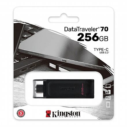 Pen Drive 256GB Kingston DataTraveler 70 - USB-C 3.2 - Preto - DT70/256GB Pen Drive - Pen Drive 256GB Kingston DataTraveler 70 - USB-C 3.2 - Preto - DT70/256GB