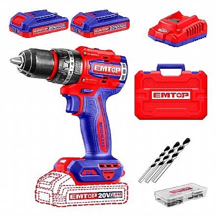 Ferramenta - Furadeira e Parafusadeira de Impacto Emtop Brushless - Até 66Nm - Bateria 20V - 1/2" - Com 2 Baterias e Maleta - ECIDL20668-9