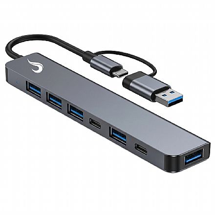 Cabo & Adaptador - HUB USB-C - 7 Portas - 4x USB 2.0 + 2x USB-C + 1x USB 3.0 - Cinza - Rise Mode RM-HUB-04