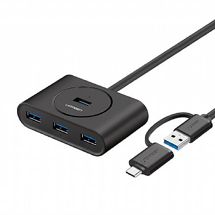 HUB USB-C - 4 Portas USB 3.0 - com Cabo de 1 Metro - 5Gbps - Preto - Ugreen CR113 40850 Cabo & Adaptador - HUB USB-C - 4 Portas USB 3.0 - com Cabo de 1 Metro - 5Gbps - Preto - Ugreen CR113 40850