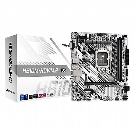 Placa Mãe ASRock H610M-HDV/M.2+ D5 (LGA 1700 - DDR5 5600) - Chipset Intel H610 - Slot M.2 - Micro ATX - 90-MXBM50-A0UAYZ Placa Mãe para Intel - Placa Mãe ASRock H610M-HDV/M.2+ D5 (LGA 1700 - DDR5 5600) - Chipset Intel H610 - Slot M.2 - Micro ATX - 90-MXBM50-A0UAYZ