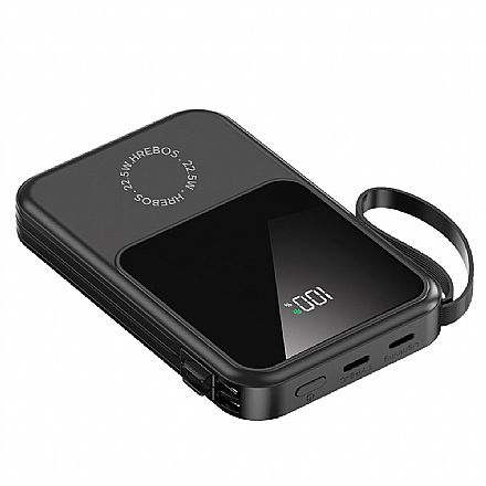 Carregadores - Power Bank Carregador Portátil Hrebos PB-959 - 22,5W - Carregamento Rápido - 10000mAh - Cabos USB-C e Lightning - Preto