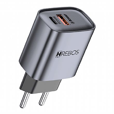 Carregador de Parede USB e USB-C - Hrebos CRG-232CC - 20W - Carregamento Rápido - Com Cabo - Cinza Carregadores - Carregador de Parede USB e USB-C - Hrebos CRG-232CC - 20W - Carregamento Rápido - Com Cabo - Cinza