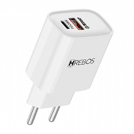 Carregador de Parede USB e USB-C - Hrebos CRG-232CC - 20W - Carregamento Rápido - Com Cabo - Branco Carregadores - Carregador de Parede USB e USB-C - Hrebos CRG-232CC - 20W - Carregamento Rápido - Com Cabo - Branco