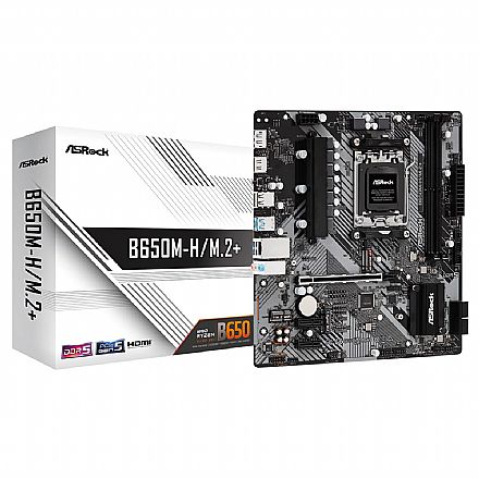 Placa Mãe ASRock B650M-H/M.2+ (AM5 - DDR5 6400 O.C) - Chipset AMD B650 - 2x Slots M.2 - Micro ATX Placa Mãe para AMD - Placa Mãe ASRock B650M-H/M.2+ (AM5 - DDR5 6400 O.C) - Chipset AMD B650 - 2x Slots M.2 - Micro ATX