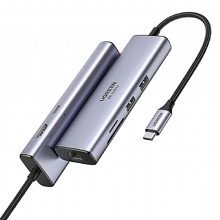 Placas e Adaptadores de rede - HUB USB-C Ugreen CM512 7 em 1 - HDMI 4K/60Hz - RJ45 Gigabit - PD 100W - USB 3.0 5Gbps - Leitor SD/TF - Cinza - 60515