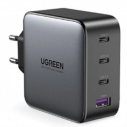Carregador de Parede USB e USB-C - Ugreen GaN CD226 - 4 Portas (3x USB-C / 1x USB-A) - 100W - Carregamento Rápido - Sem Cabo - Preto - 40747 Carregadores - Carregador de Parede USB e USB-C - Ugreen GaN CD226 - 4 Portas (3x USB-C / 1x USB-A) - 100W - Carregamento Rápido - Sem Cabo - Preto - 40747