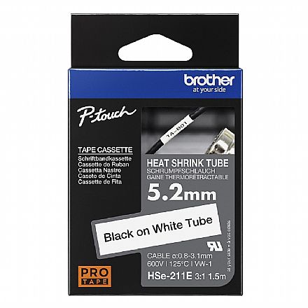 Fita Termocontrátil Brother - 5,2mm x 1,5m - Taxa de Contração 3:1 - Preto sobre Branco - HSE211E Suprimentos - Fita Termocontrátil Brother - 5,2mm x 1,5m - Taxa de Contração 3:1 - Preto sobre Branco - HSE211E