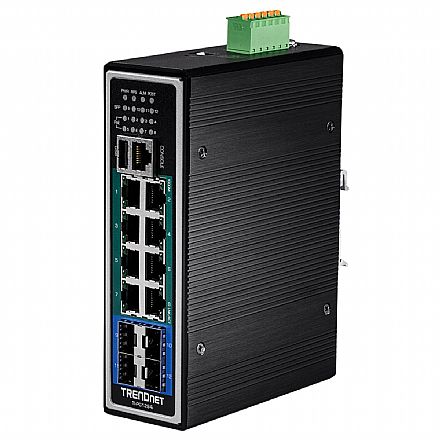 Rede Switch - Switch 12 Portas Industrial Gerenciável Trendnet TI-PG1284i - 8 Portas Gigabit PoE+ e 4 Portas SFP - Trilho DIN - Layer 2 - PoE+ 240W