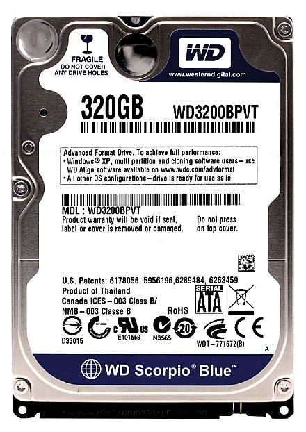 HD (Disco Rígido) - HD 320 GB para Notebook Western Digital - 8MB Cache - WD Scorpio Blue - WD3200BPVT