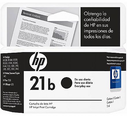 Cartucho - Cartucho HP 21 EveryDay Preto - C9351BB - para 1415/ 1417/ 4315/ 4355/ J3680/ J5520/ 1250/ 3180/ 3910/ 3915/ 3918/ 3920/ 3930/ 3930v/ 3938/ 3940/ D1320 / D1330 / D1341 / D1360 / D1420 / D1430 / D1445