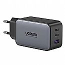 Carregador de Parede USB e USB-C - Ugreen GaN CD244 - 3 Portas (2x USB-C / 1x USB-A) - 65W - Carregamento Rápido - Preto - 10335