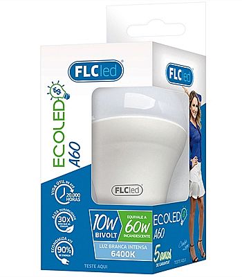 Lâmpada LED 10W - Soquete E27 - Bivolt - Cor 6400K - Bulbo A60 - 806 Lumens - FLC EcoLED