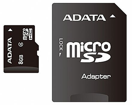 Cartão 8GB Micro SD com adaptador SD - Classe 4 - Adata AUSDH8GCL4-RA