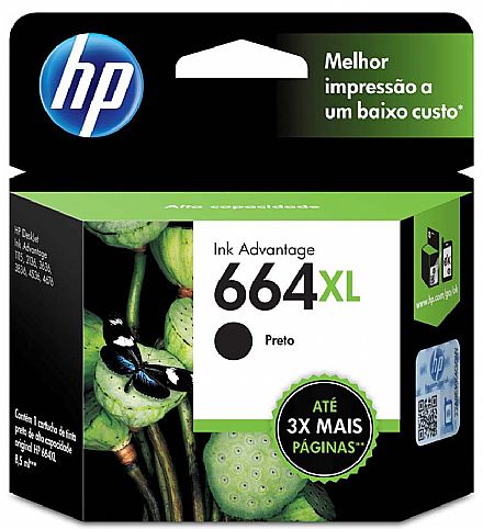 Cartucho HP 664XL Preto - F6V31AB - para Deskjet Ink Advantage 1115/2136/4536/3636/3836/3635/3776/3788/3790/2676/4676