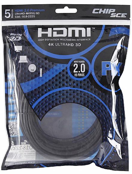 Cabo HDMI 2.0 Premium - 5 metros - 4K UltraHD HDR 60Hz / 1080p Full HD 120Hz - Chip SCE 018-2225