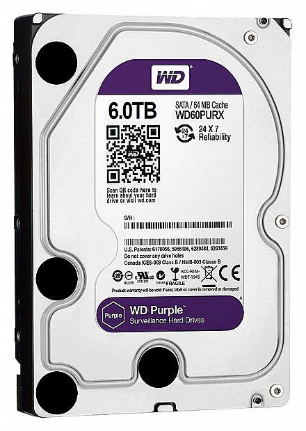 HD 6TB SATA - 5400RPM - 64MB Cache - Western Digital Purple Surveillance - WD60PURX - Ideal para Vigilância