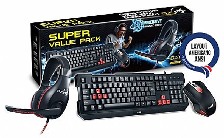 Kit Teclado, Mouse e Headset Gamer Genius - 1000dpi - com Controle de Volume - ANSI - KMH-200