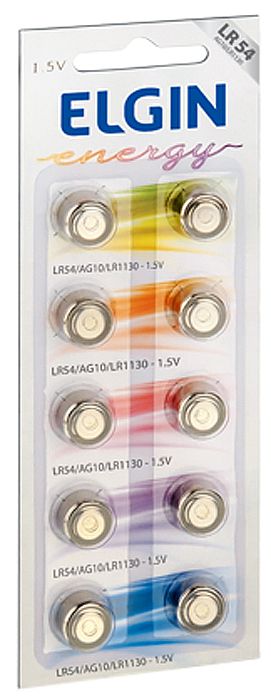 Bateria Alcalina LR54 (AG10 / LR1130) Elgin 82254 - Cartela com 10 unidades - para calculadoras e relógios