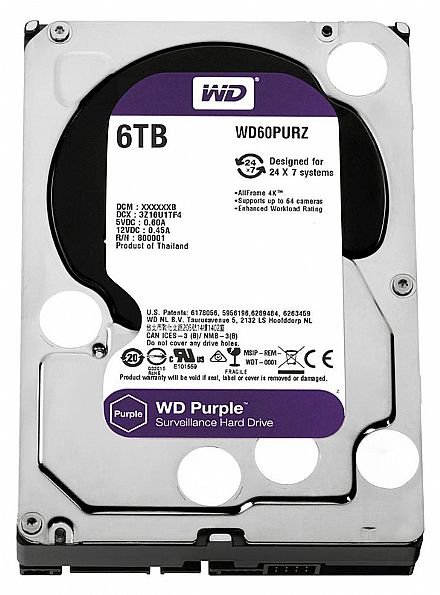 HD 6TB SATA - 5400RPM - 64MB Cache - Western Digital Purple Surveillance - WD60PURZ - Ideal para Vigilância