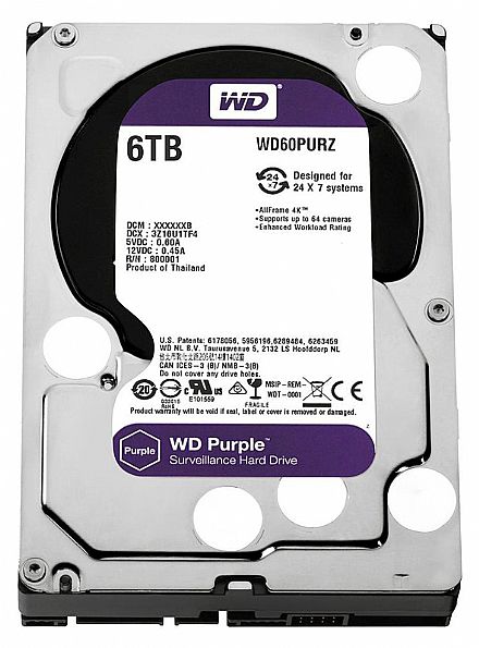 HD 6TB SATA - 5400RPM - 64MB Cache - Western Digital Purple Surveillance - WD60PURZ - Ideal para CFTV