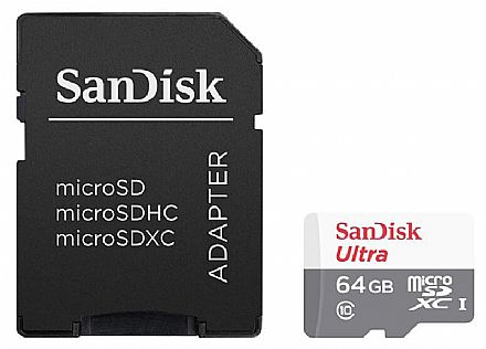 Cartão 64GB Micro SD com adaptador SD - Classe 10 - Velocidade até 80MB/s - SanDisk Ultra SDSQUNS-064G-GN3MA