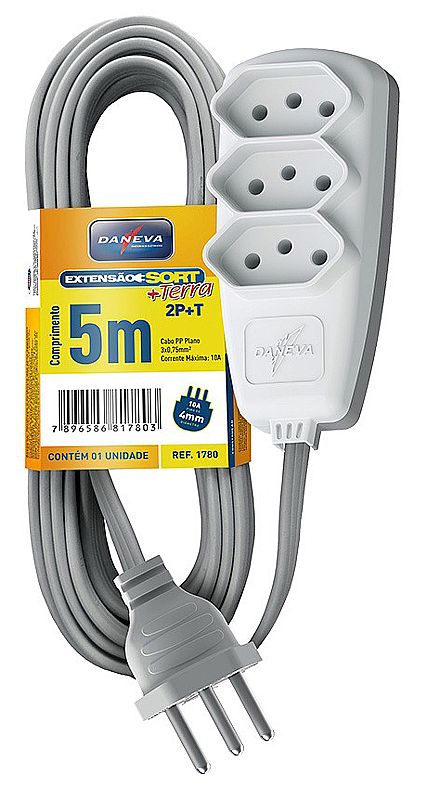 Extensão Legrand Daneva com 3 tomadas - 5 Metros - 10A - Padrão 3 pinos - Branco - DN1780