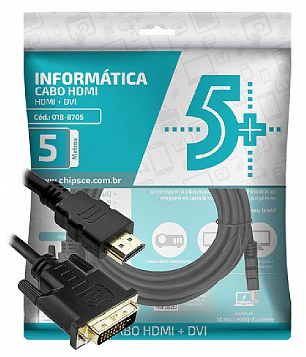 Cabo Conversor DVI-D para HDMI - 5 metros - Dual Link - 24+1 Pinos (DVI-D M X HDMI M) - Chip SCE 018-8705