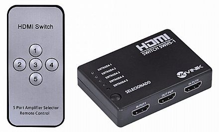 Switch HDMI com 5 Entradas - com Controle Remoto - Suporte a 3D e Full HD - Vinik SWH5-1