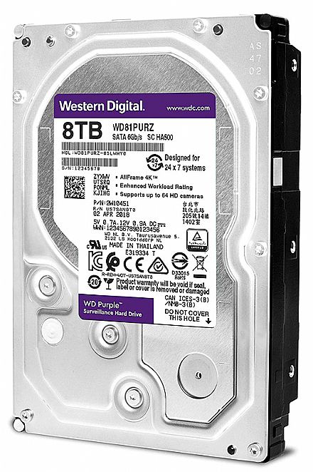 HD 8TB SATA - 5400RPM - 256MB Cache - Western Digital Purple Surveillance - WD81PURZ - Ideal para Vigilância