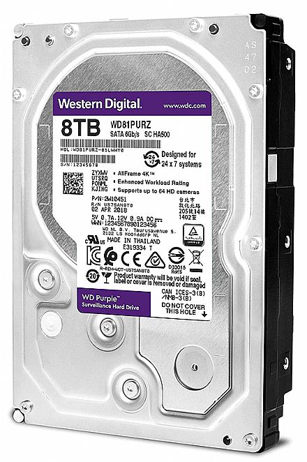 HD 8TB SATA - 5400RPM - 256MB Cache - Western Digital Purple Surveillance - WD81PURZ - Ideal para CFTV