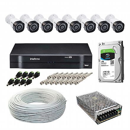 Kit CFTV Intelbras - DVR 16 Canais MHDX 1116, 8 Câmeras Bullet VHD 1120 B G5, HD 1TB, Fonte Chaveada, Cabo Coaxial 100 metros, 8 Plugs P4 Macho + 16 Conectores BNC Macho