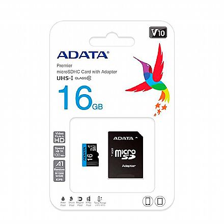 Cartão 16GB MicroSD com Adaptador SD - Classe 10 - Velocidade até 100MB/s - Adata Premier AUSDH16GUICL10A1-RA1