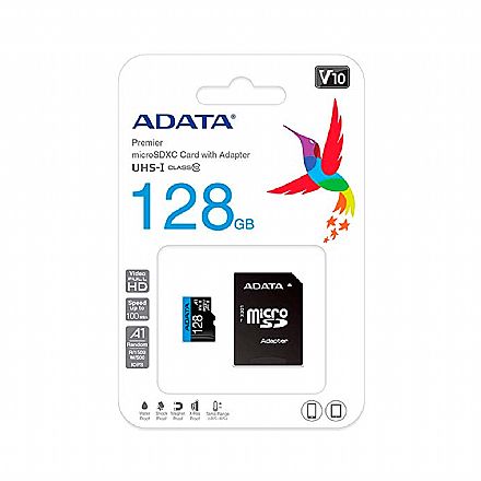Cartão 128GB MicroSD com Adaptador SD - Classe 10 - Velocidade até 100MB/s - Adata Premier AUSDX128GUICL10A1-RA1