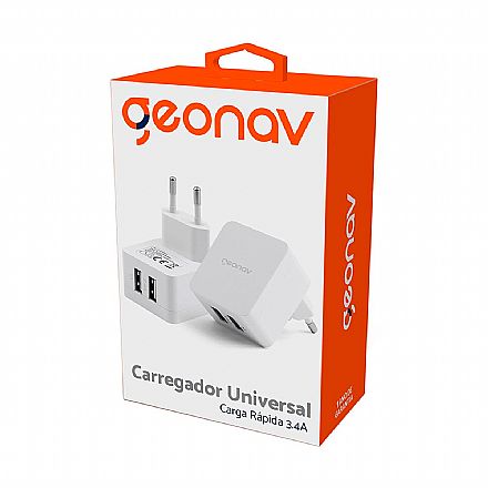 Carregador de parede Universal - 2 Saídas USB - Bivolt - 3.4A - Branco - Geonav CH34AC