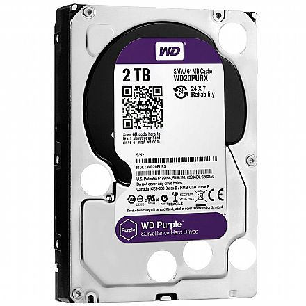 HD 2TB SATA - 7200RPM - 64MB Cache - Western Digital Purple Surveillance - WD20PURX - Ideal para CFTV