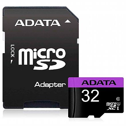 Cartão 32GB Micro SD com adaptador SD - Classe 10 - Velocidade até 80MB/s - ADATA - AUSDH32GUICL10-RA1