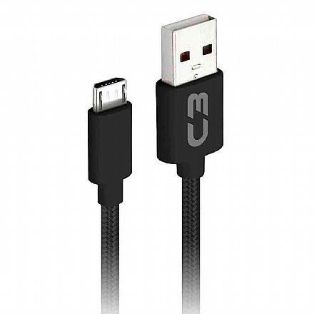 Cabo Micro USB para USB - 2 Metros - Preto - C3Tech CB-M21BK C3PLUS