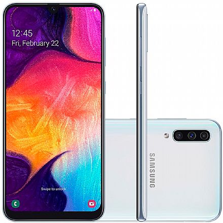 Smartphone Samsung Galaxy A50 - Tela 6.4" Super Amoled, 128GB, Dual Chip, Câmera Tripla 25MP, Leitor de Digital na tela - Branco - SM-A505GT