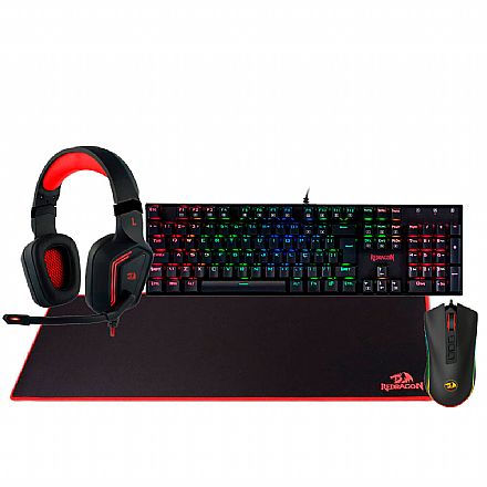 Kit Gamer Redragon - Teclado Mecânico Mitra RGB + Mouse Cobra Chroma + Headset Muses 7.1 + Mousepad Suzaku Extended