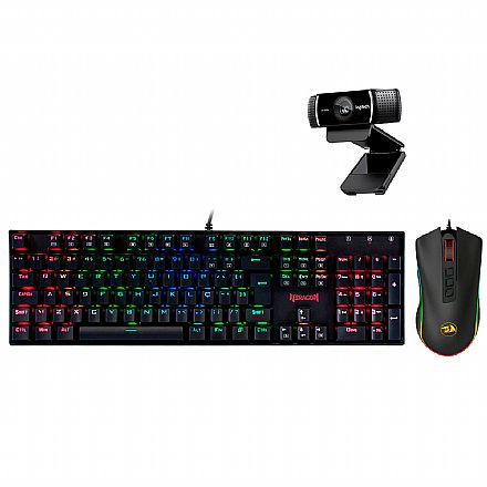 Kit Gamer Teclado Mecânico MITRA RGB Redragon + Mouse Cobra Chroma + Webcam Logitech C922 Pro