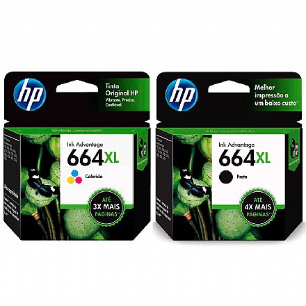 Pack de Cartuchos HP 664XL - F6V30AB / F6V31AB - Preto + Colorido - para Deskjet Ink Advantage 1115 / 2136 / 4536 / 3636 / 3836 / 3635 / 3776 / 3788 / 3790 / 2676 / 4676