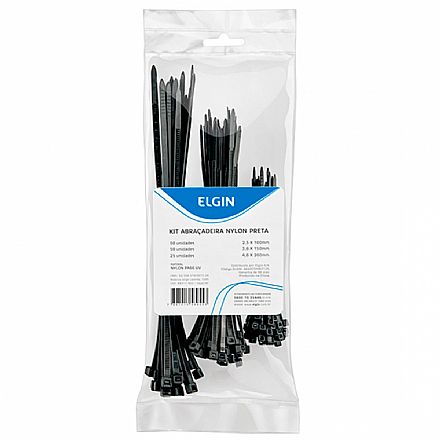 Abraçadeira Nylon PA66 - Kit 3 tamanhos - 125 unidades - Preto - Elgin 46APCOMBO125