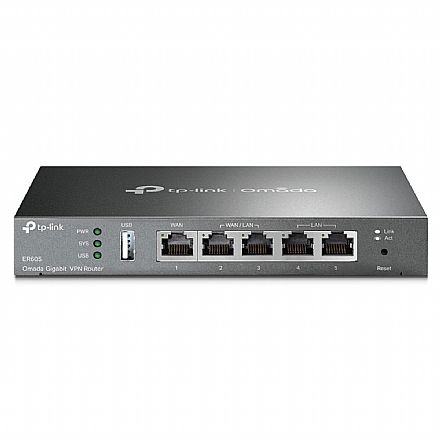 Roteador Load Balance TP-Link ER605 V2 - 5 portas Gigabit - 3 portas WAN (redundante) - USB para Modem - Omada - SafeStream - VPN Multi-Wan