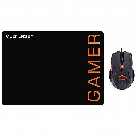 Kit Mouse e Mousepad Gamer Multilaser MO274 - 3200dpi - Preto e Laranja