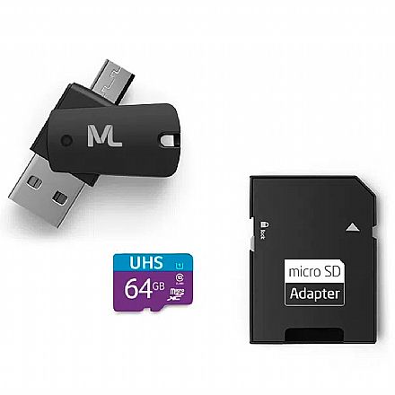 Cartão 64GB + Adaptador USB + Micro USB e Adaptador Cartão SD - Multilaser MC152