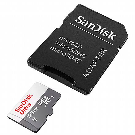 Cartão 128GB Micro SD com Adaptador SD - Classe 10 - Velocidade até 100MB/s - Sandisk Ultra SDSQUNR-128G-GN3MA
